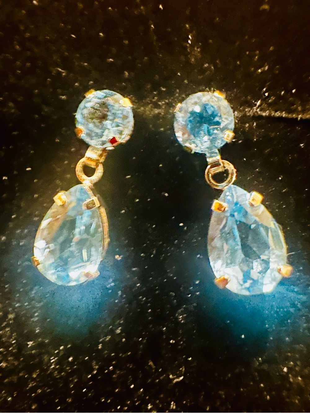 SPARKLY 14K Gold Natural Blue Topaz Earrings long dangle solid 14K gold earrings